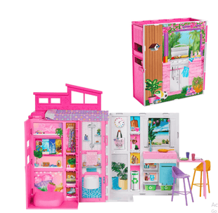 Barbie Getaway House, Doll House Playset with 4 Play Areas, 26.06 in, Plastic