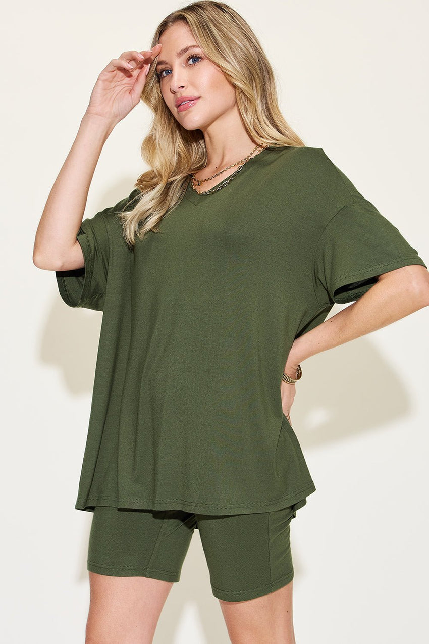 Basic Bae Full Size V - Neck Drop Shoulder T-Shirt and Shorts Set - 7DAY'S