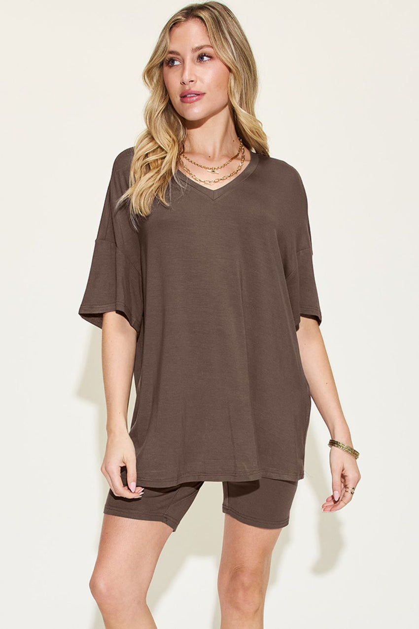 Basic Bae Full Size V - Neck Drop Shoulder T-Shirt and Shorts Set - 7DAY'S