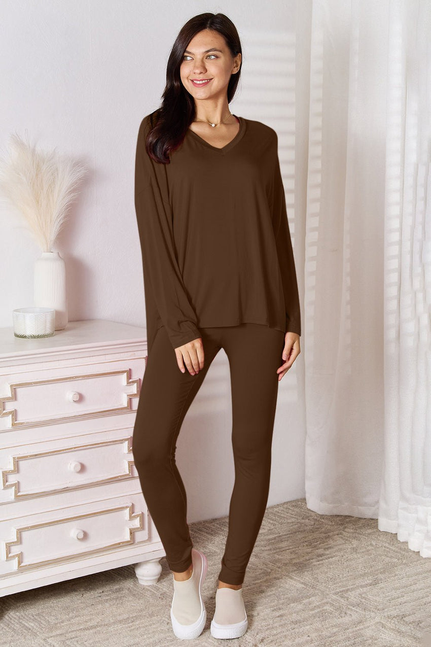 Basic Bae Full Size V - Neck Soft Rayon Long Sleeve Top and Pants Lounge Set Loungewear for women - 7DAY'S