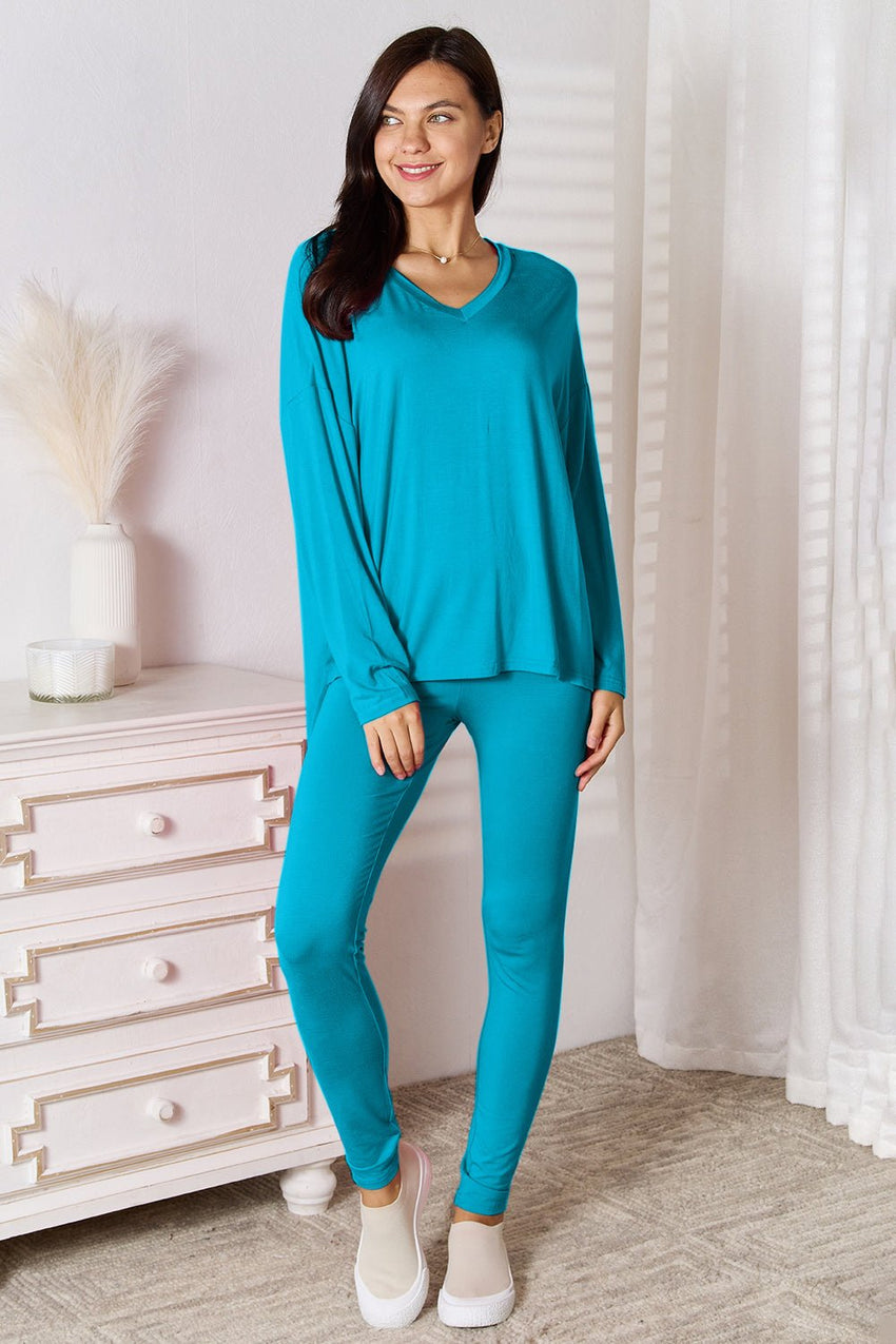 Basic Bae Full Size V - Neck Soft Rayon Long Sleeve Top and Pants Lounge Set Loungewear for women - 7DAY'S