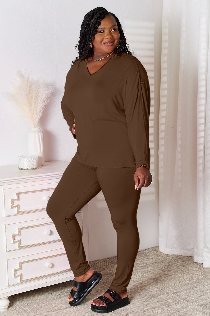 Basic Bae Full Size V - Neck Soft Rayon Long Sleeve Top and Pants Lounge Set Loungewear for women - 7DAY'S