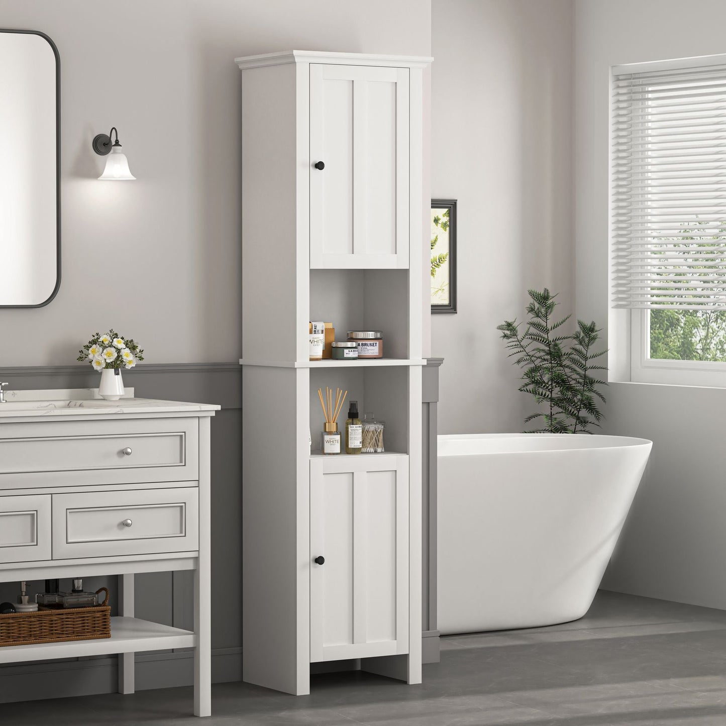 Bathroom Floor Storage Cabinet with 2 Doors Living Room Wooden Cabinet with 6 Shelves 15.75 x 11.81 x 66.93 inch - 7DAY'S