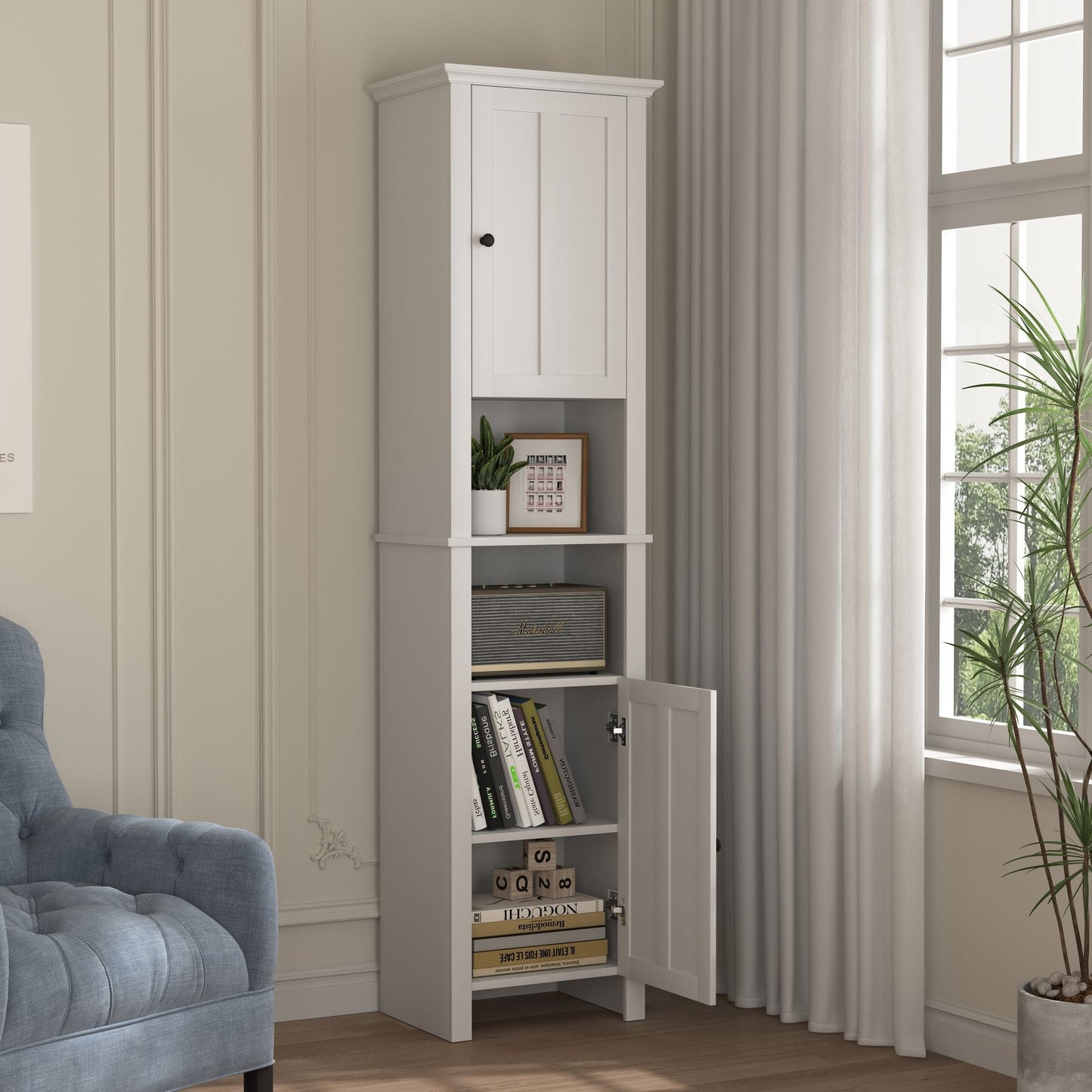 Bathroom Floor Storage Cabinet with 2 Doors Living Room Wooden Cabinet with 6 Shelves 15.75 x 11.81 x 66.93 inch - 7DAY'S