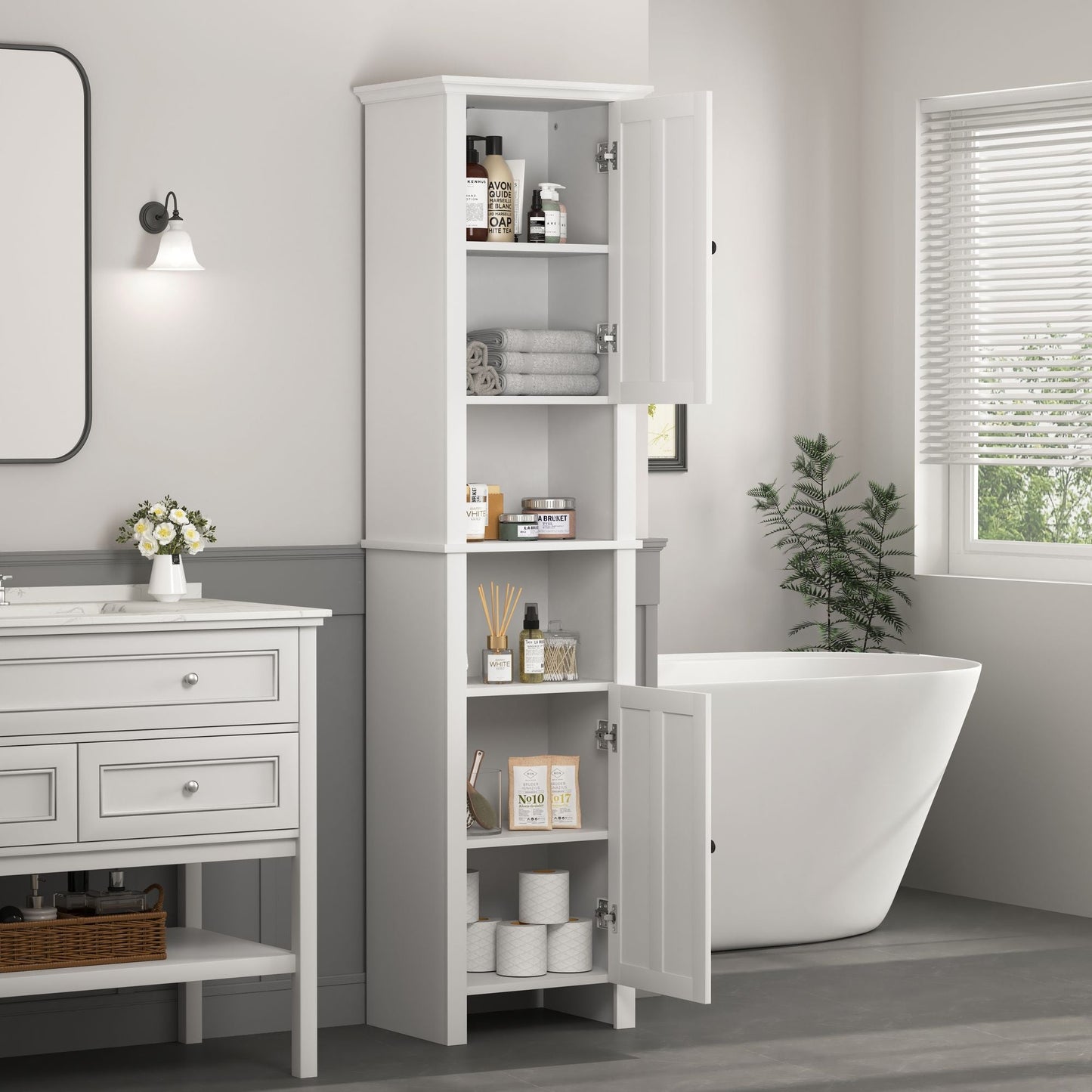 Bathroom Floor Storage Cabinet with 2 Doors Living Room Wooden Cabinet with 6 Shelves 15.75 x 11.81 x 66.93 inch - 7DAY'S