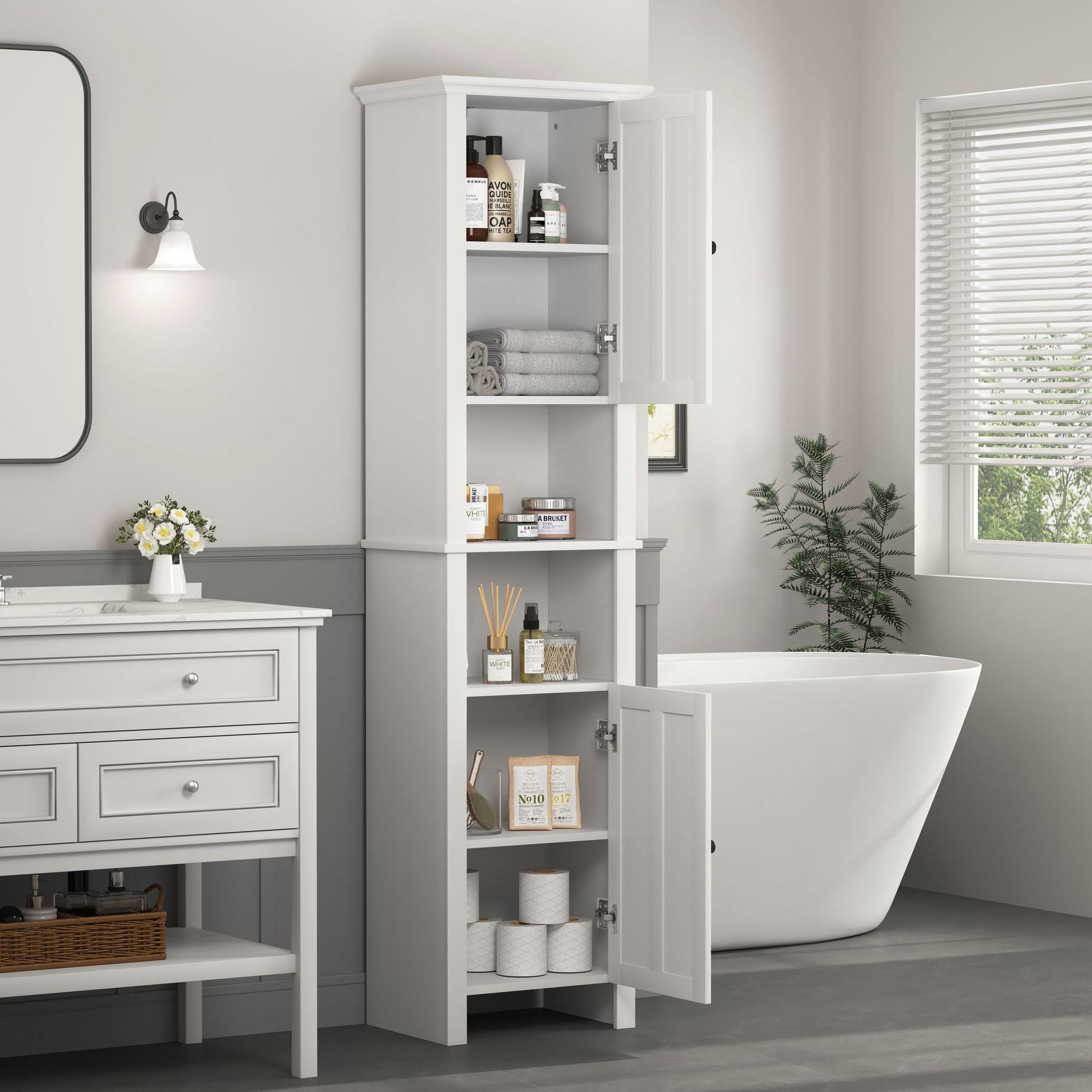 Bathroom Floor Storage Cabinet with 2 Doors Living Room Wooden Cabinet with 6 Shelves 15.75 x 11.81 x 66.93 inch - 7DAY'S