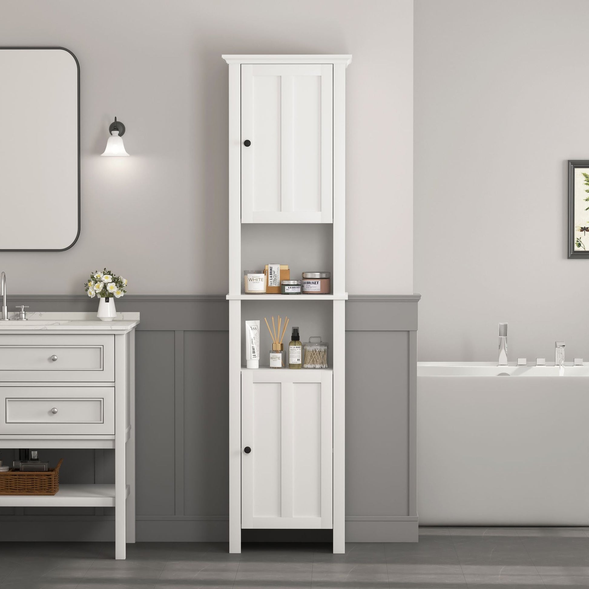 Bathroom Floor Storage Cabinet with 2 Doors Living Room Wooden Cabinet with 6 Shelves 15.75 x 11.81 x 66.93 inch - 7DAY'S