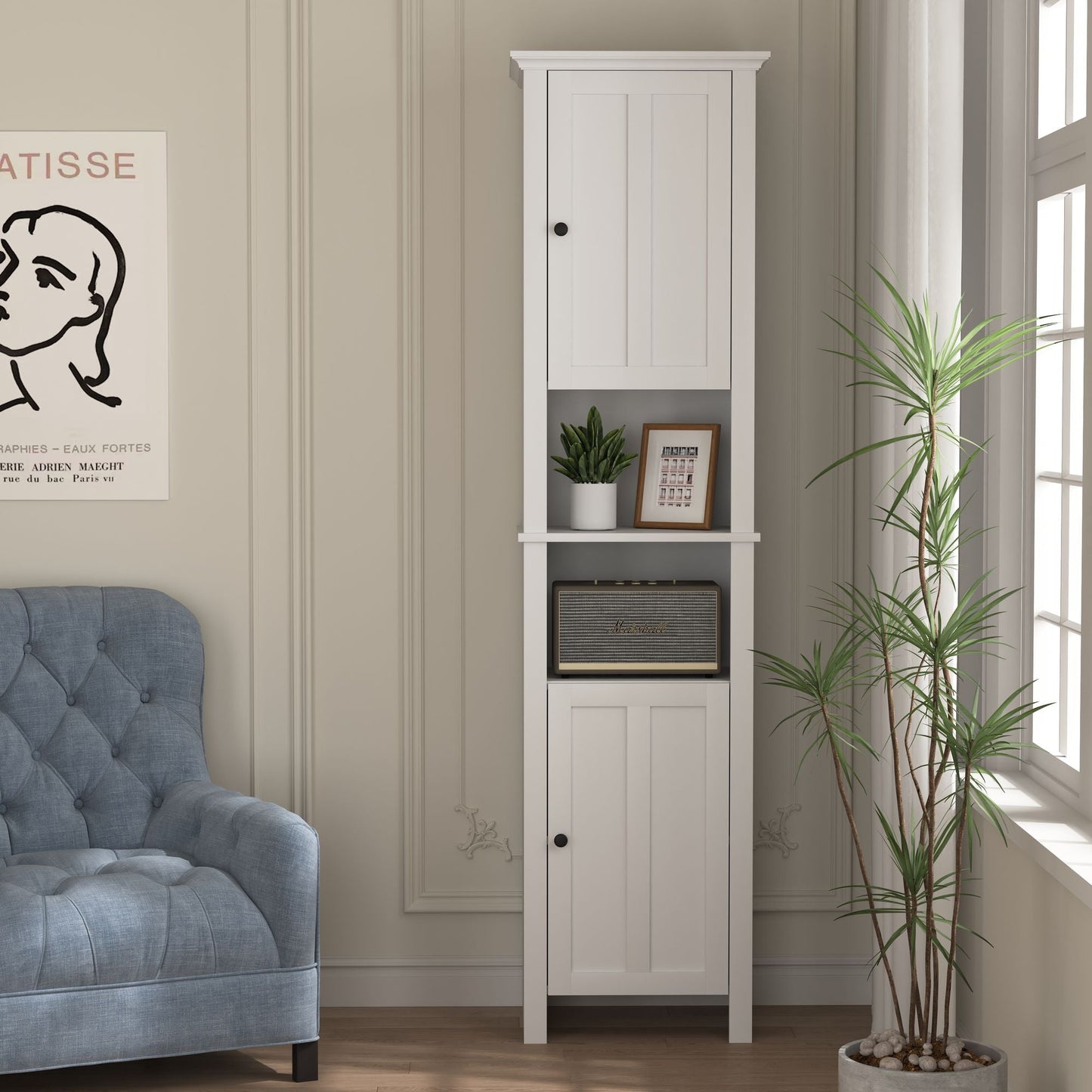 Bathroom Floor Storage Cabinet with 2 Doors Living Room Wooden Cabinet with 6 Shelves 15.75 x 11.81 x 66.93 inch - 7DAY'S