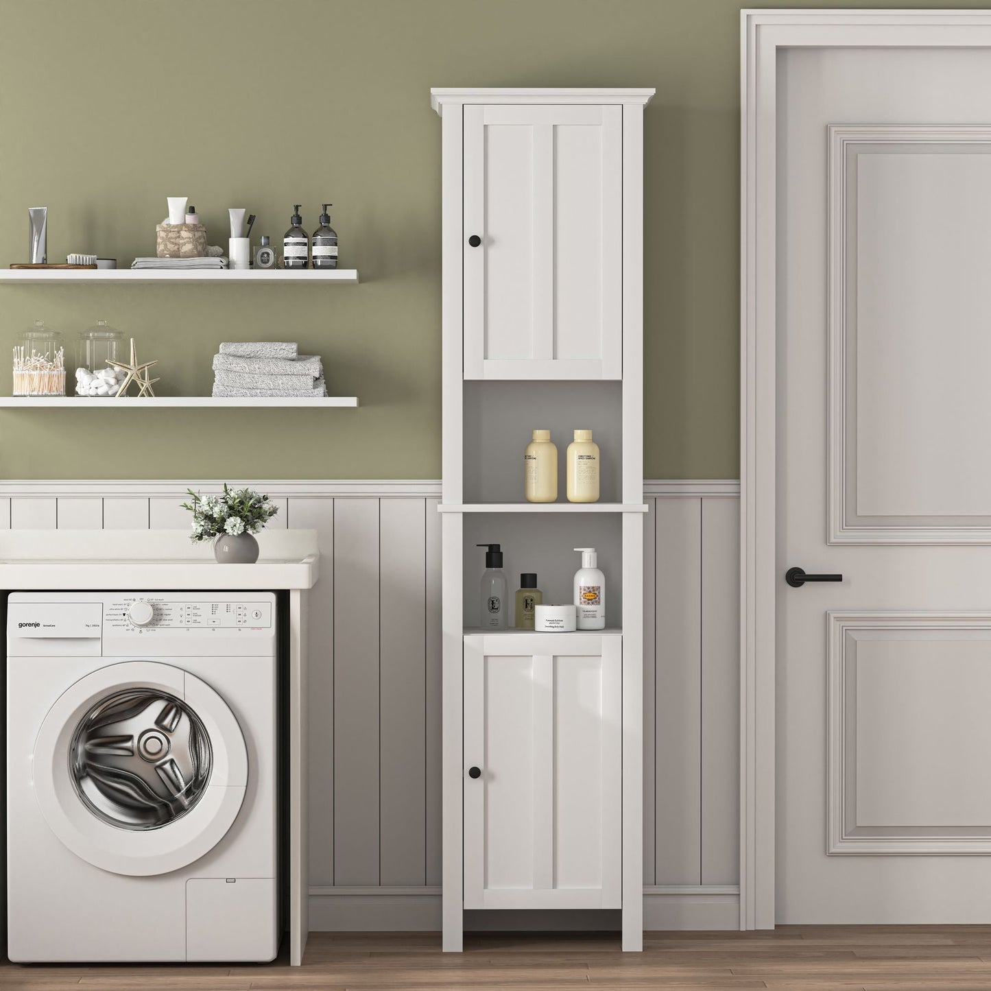 Bathroom Floor Storage Cabinet with 2 Doors Living Room Wooden Cabinet with 6 Shelves 15.75 x 11.81 x 66.93 inch - 7DAY'S