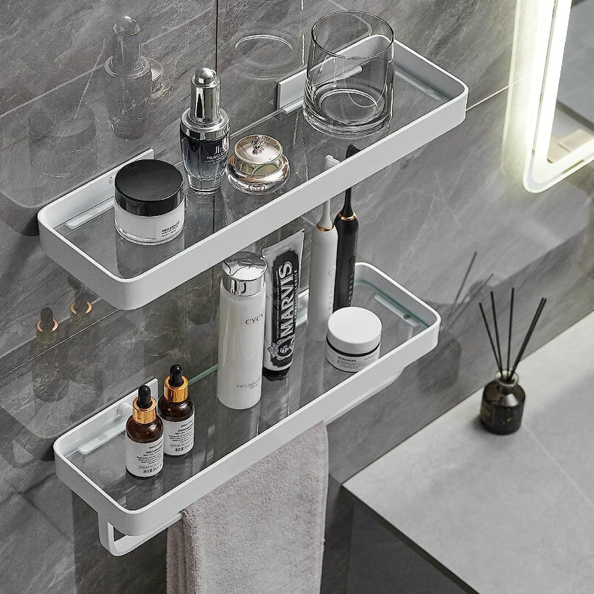 Bathroom Shelves Wall Mounted Glass Shelves for Bathroom Floating Shelf with Towel Holder Glass Shower Shelf 2 Tier Bathroom Wall Organizer - 7DAY'S