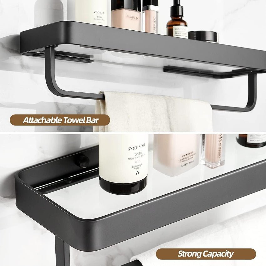 Bathroom Shelves Wall Mounted Glass Shelves for Bathroom Floating Shelf with Towel Holder Glass Shower Shelf 2 Tier Bathroom Wall Organizer - 7DAY'S