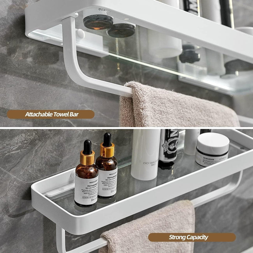 Bathroom Shelves Wall Mounted Glass Shelves for Bathroom Floating Shelf with Towel Holder Glass Shower Shelf 2 Tier Bathroom Wall Organizer - 7DAY'S