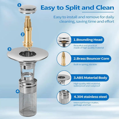 Bathroom Sink Drain Strainer for 1.1 - 1.29 Inch, Pop Up Bathroom Sink Stopper Hair Catcher with Stainless Steel Filter Basket, for US Bathroom Sink Drain Stopper Basin Drain Filter Replacement - 1pcs - 7DAY'S