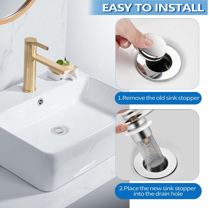 Bathroom Sink Drain Strainer for 1.1 - 1.29 Inch, Pop Up Bathroom Sink Stopper Hair Catcher with Stainless Steel Filter Basket, for US Bathroom Sink Drain Stopper Basin Drain Filter Replacement - 1pcs - 7DAY'S