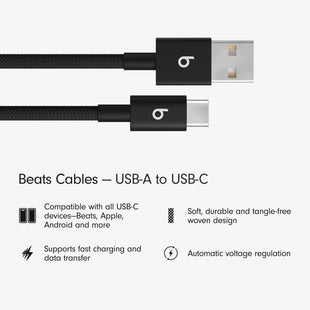 Beats USB - A to USB - C Woven Cable Fast Charging Durable and Tangle - Free Design Compatible Charger for Apple & Android Devices (1.5 m, 5 ft) - Bolt Black - 7DAY'S