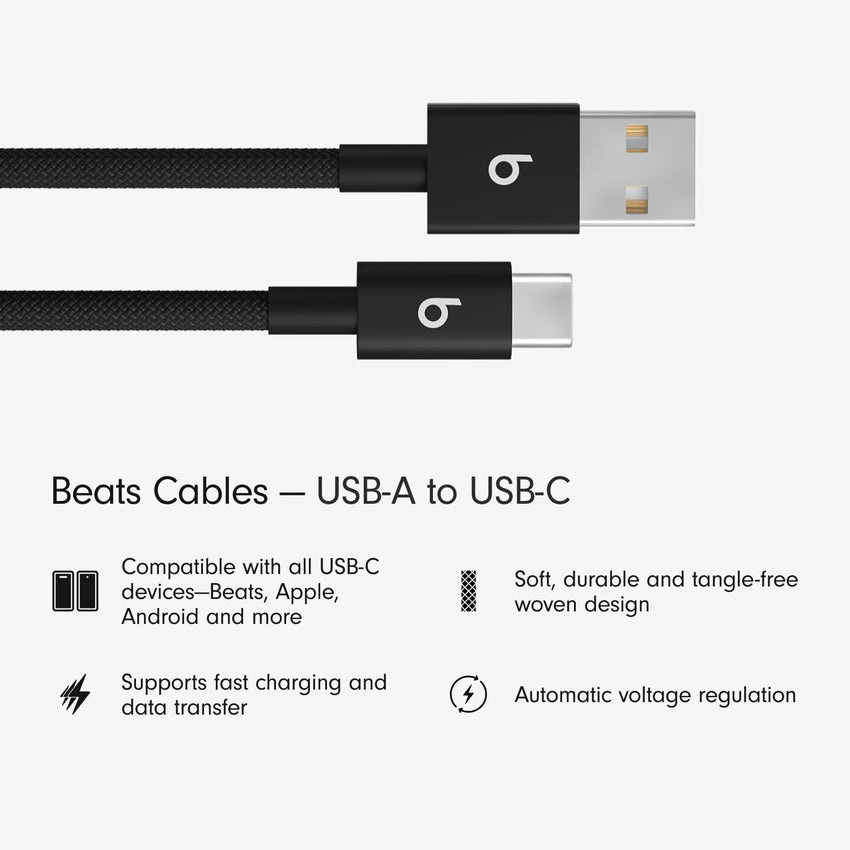 Beats USB - A to USB - C Woven Cable Fast Charging Durable and Tangle - Free Design Compatible Charger for Apple & Android Devices (1.5 m, 5 ft) - Bolt Black - 7DAY'S