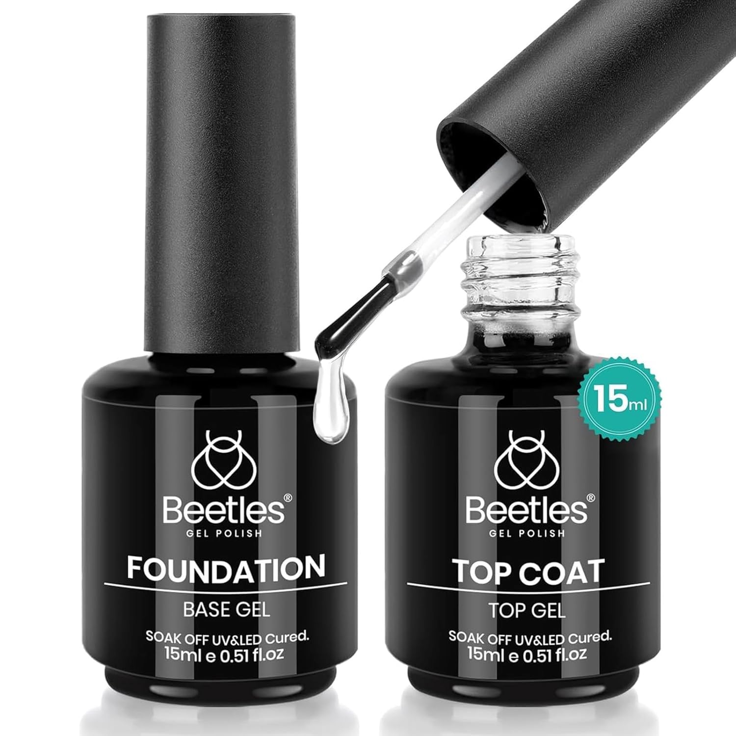 Beetles 2 Pcs 15ml No Wipe Gel Top Coat and Base Coat Set - Shine Finish and Long Lasting, Soak Off LED Nail Lamp Gel Base Top Coat Finish Nail Art Design Manicure Gifts for Women - 7DAY'S