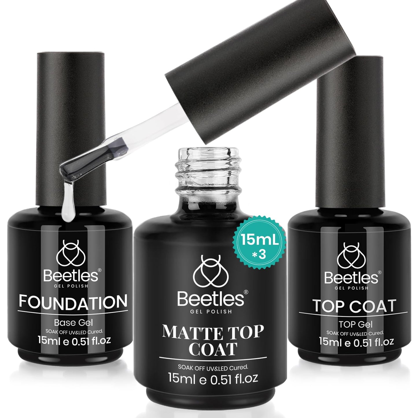 Beetles 2 Pcs 15ml No Wipe Gel Top Coat and Base Coat Set - Shine Finish and Long Lasting, Soak Off LED Nail Lamp Gel Base Top Coat Finish Nail Art Design Manicure Gifts for Women - 7DAY'S