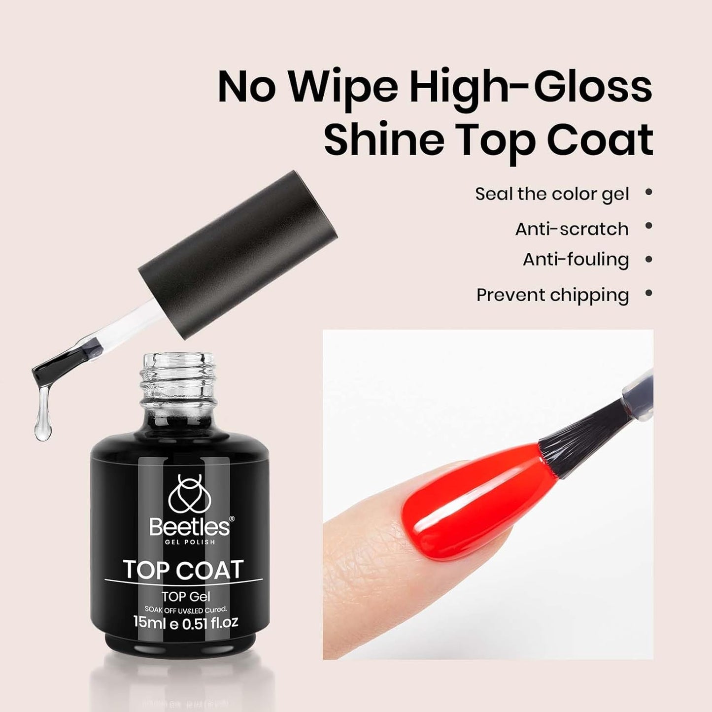 beetles Gel Polish No Wipe Gel Top Coat - Clear Color Top Coat Gel Nail Polish Shine Finish and Long Lasting, Soak Off Nail Lamp, 15ml Gift for Girls - 7DAY'S