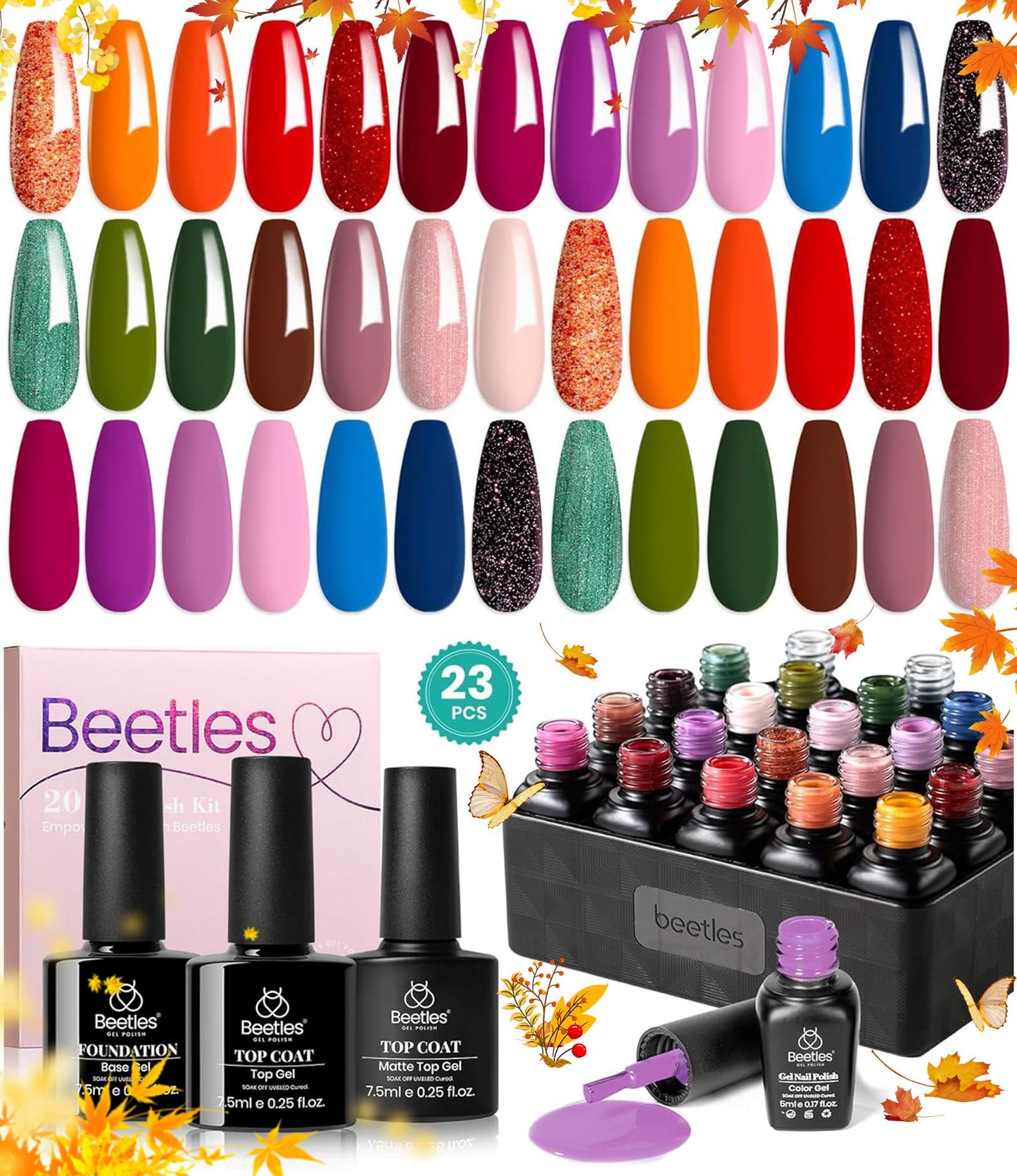 beetles Gel Polish Set Fall Gel Nail Polish Kit 36 Pcs 32 Colors with Base Top Coat Burgundy Red Blue Purple Hot Pink Green Black White Uv LED Lamp Nails Gifts for Women Fingertip Palette - 7DAY'S