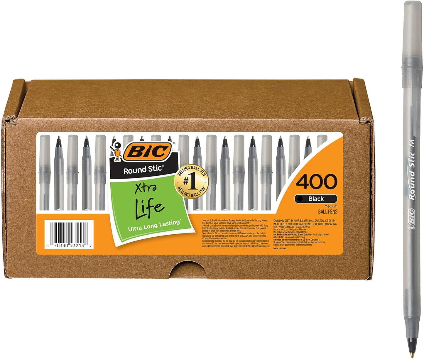 BIC Round Stic Xtra Life Ballpoint Pen, Ultra Long Lasting and Consistent Ink Flow, 60 - Count in Black Ink - 7DAY'S