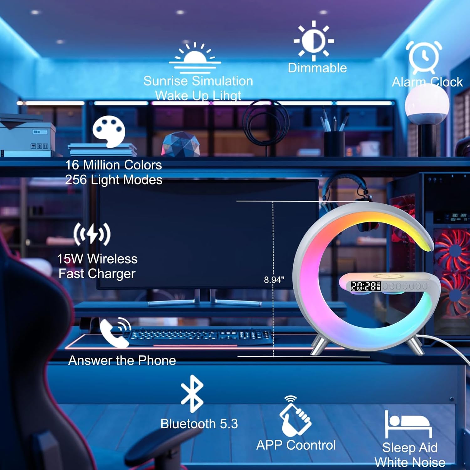 Big G Atmosphere Lamp with Bluetooth Speaker, Night Light & Solar Smart Car Air Freshener with Auto On/Off, Aluminum Alloy Body, 3 Mode - 7DAY'S