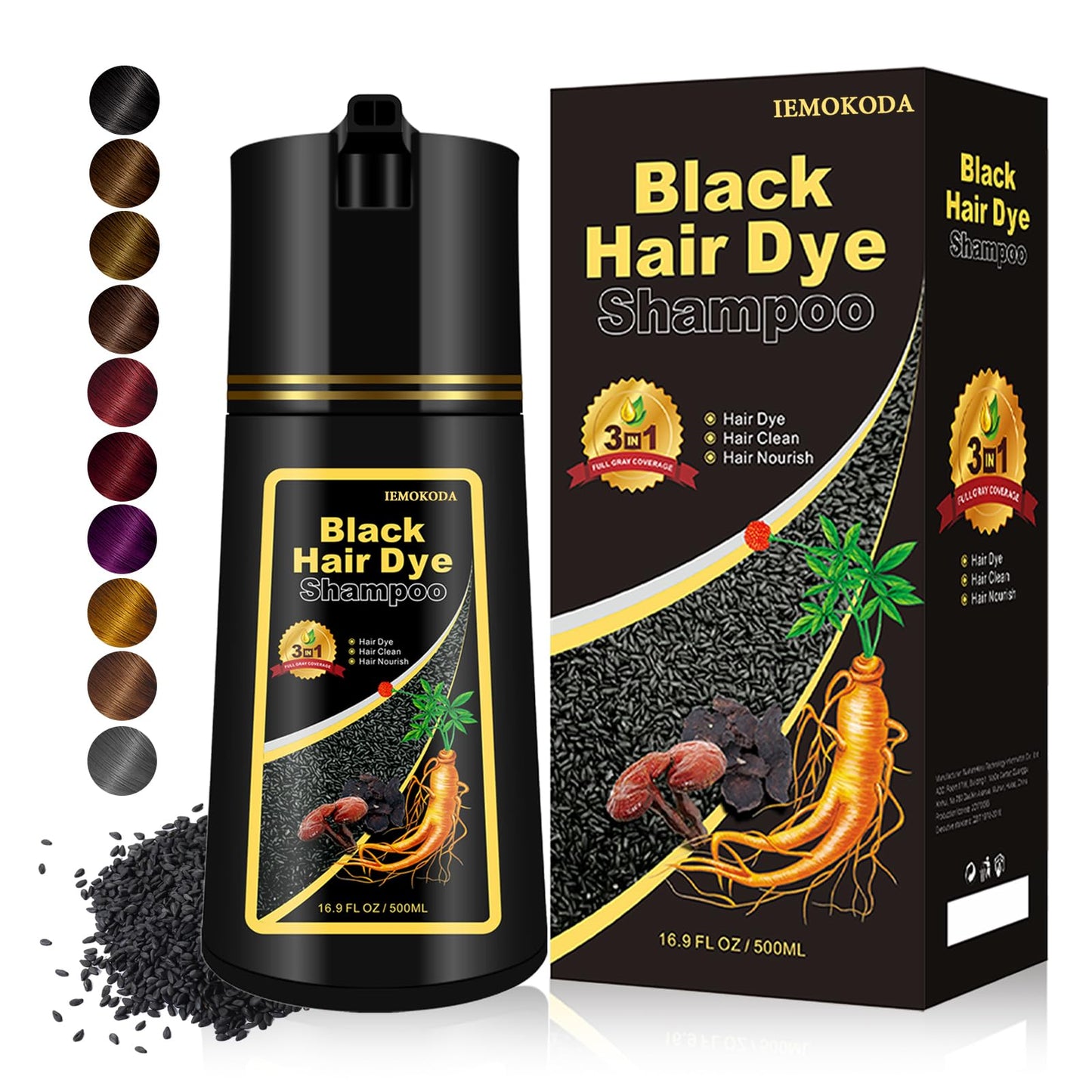 Black 3 - in - 1 Hair Dye for Men & Women - Long - Lasting Gray Hair Coverage, Shampoo Para Canas, Natural Color in Minutes - 16.9 Fl Oz - 7DAY'S