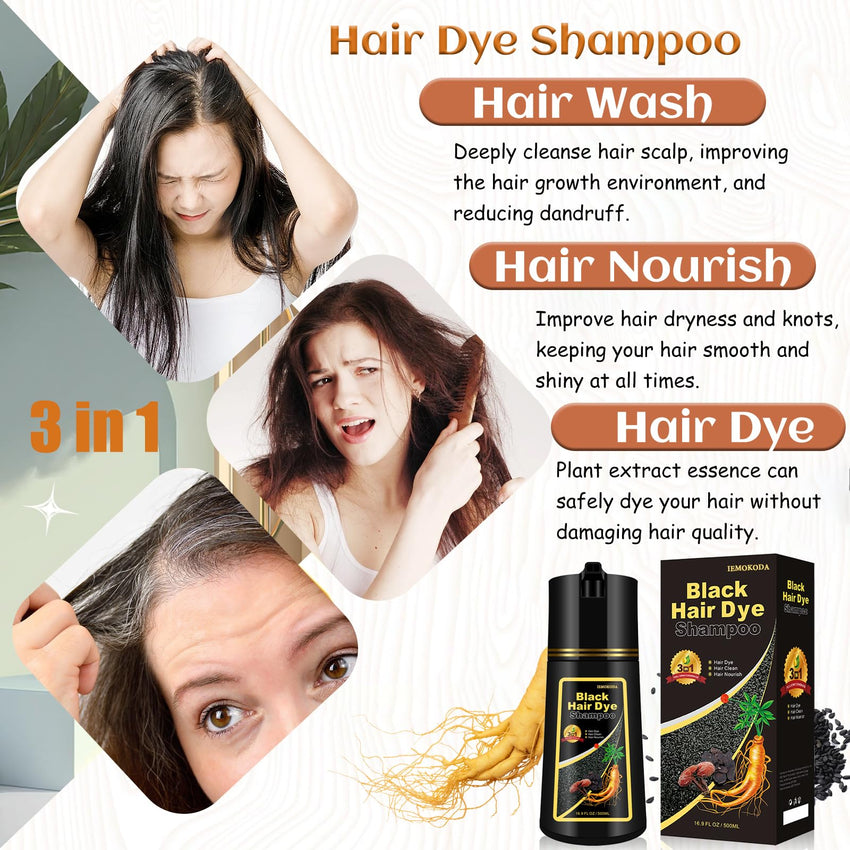 Black 3 - in - 1 Hair Dye for Men & Women - Long - Lasting Gray Hair Coverage, Shampoo Para Canas, Natural Color in Minutes - 16.9 Fl Oz - 7DAY'S