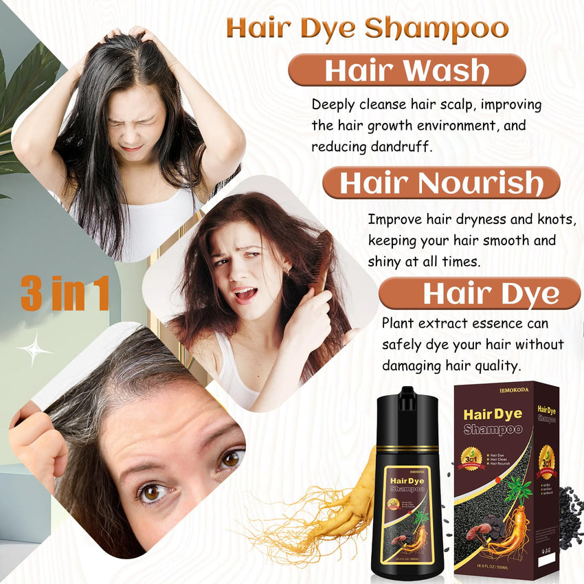 Black 3 - in - 1 Hair Dye for Men & Women - Long - Lasting Gray Hair Coverage, Shampoo Para Canas, Natural Color in Minutes - 16.9 Fl Oz - 7DAY'S