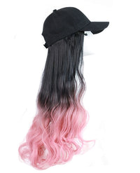 Black Baseball Cap with Pink Long Wavy Wig Mixed Color Synthetic Hair Extension Hat Wig Cap - 7DAY'S