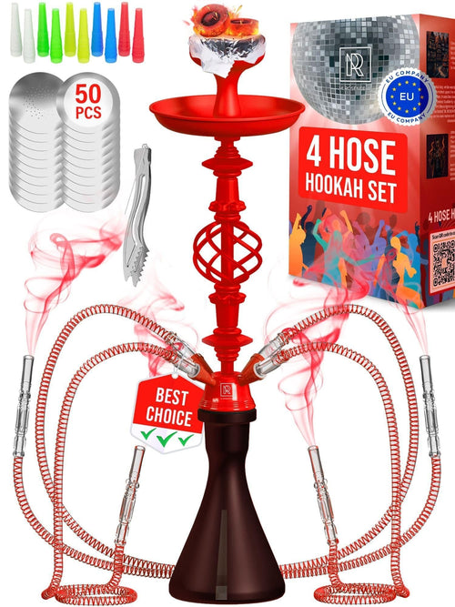 Black Red 4 Hose Hookah Set with Everything Portable good for traveling