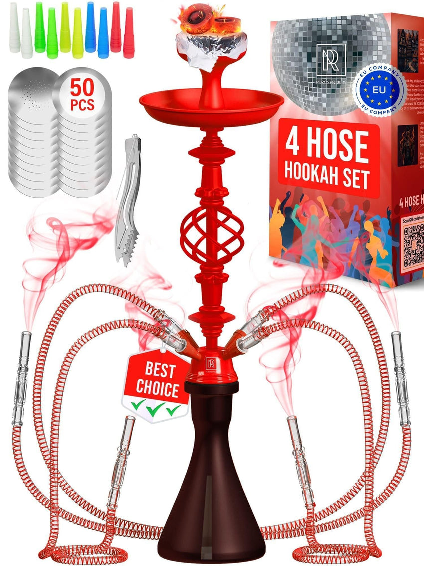 Black Red 4 Hose Hookah Set with Everything Portable good for traveling - 7DAY'S