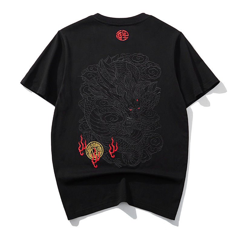 Black thread embroidery dragon pattern short sleeved T-shirt round neck pure cotton breathable top for men's fashion - 7DAY'S