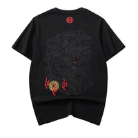 Black thread embroidery dragon pattern short sleeved T-shirt round neck pure cotton breathable top for men's fashion - 7DAY'S