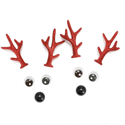 Bling Shoe Charms for Clog Sandals, 2Pairs of Lovely Reindeer Antlers, Animal Nose, Eyes Charms, Bling Glitter, Flocked Shoe Decoration Charms Accessories for Christmas Party Favor