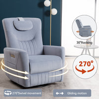 Blue Swivel and Rocker Power Recliner Chair with Lumbar and Neck Support Pillow, Heavy Duty Motion Mechanism with USB and Type - C Ports - 7DAY'S