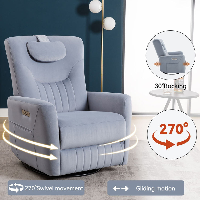 Blue Swivel and Rocker Power Recliner Chair with Lumbar and Neck Support Pillow, Heavy Duty Motion Mechanism with USB and Type - C Ports - 7DAY'S