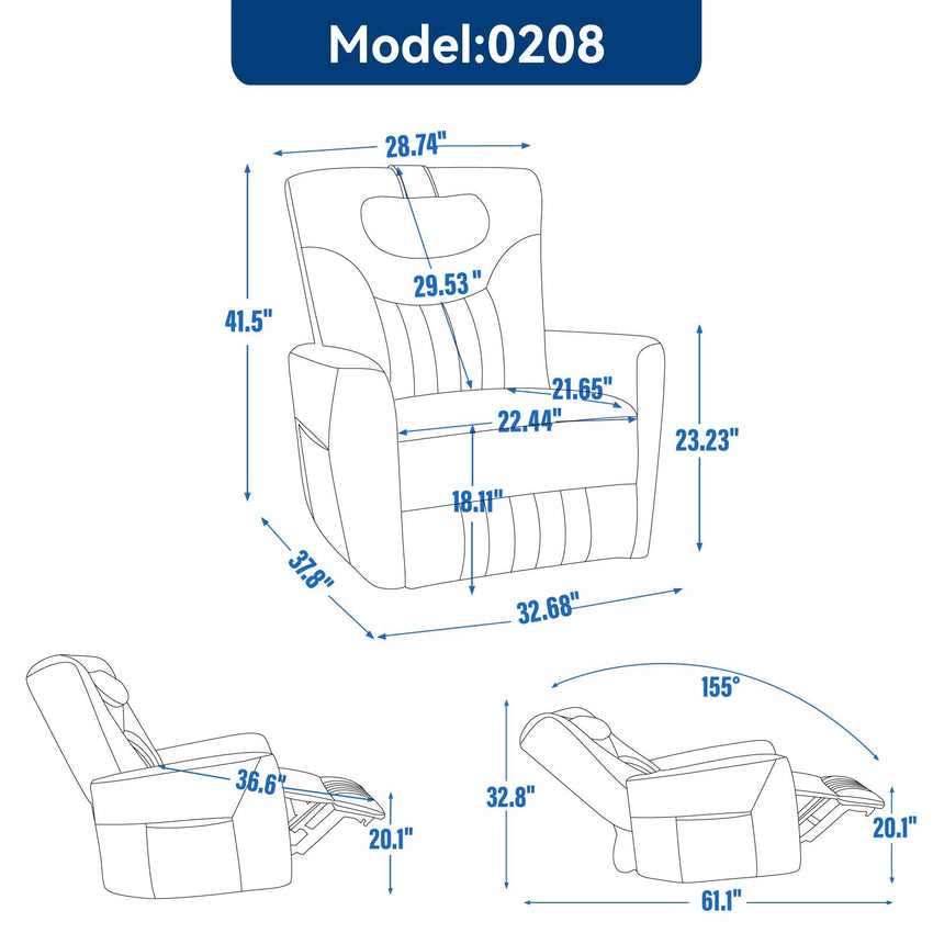 Blue Swivel and Rocker Power Recliner Chair with Lumbar and Neck Support Pillow, Heavy Duty Motion Mechanism with USB and Type - C Ports - 7DAY'S