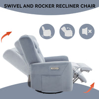 Blue Swivel and Rocker Power Recliner Chair with Lumbar and Neck Support Pillow, Heavy Duty Motion Mechanism with USB and Type - C Ports - 7DAY'S