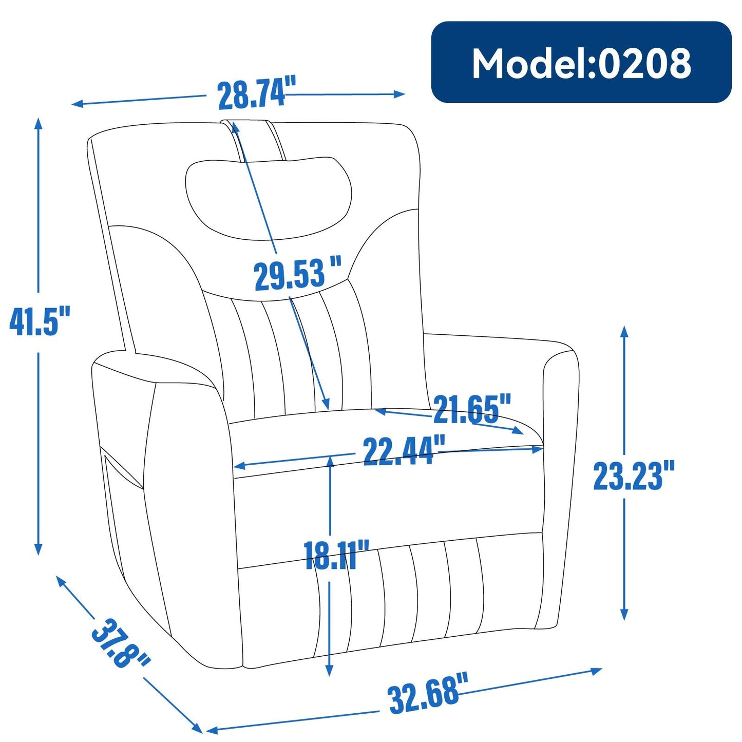 Blue Swivel and Rocker Power Recliner Chair with Lumbar and Neck Support Pillow, Heavy Duty Motion Mechanism with USB and Type - C Ports - 7DAY'S