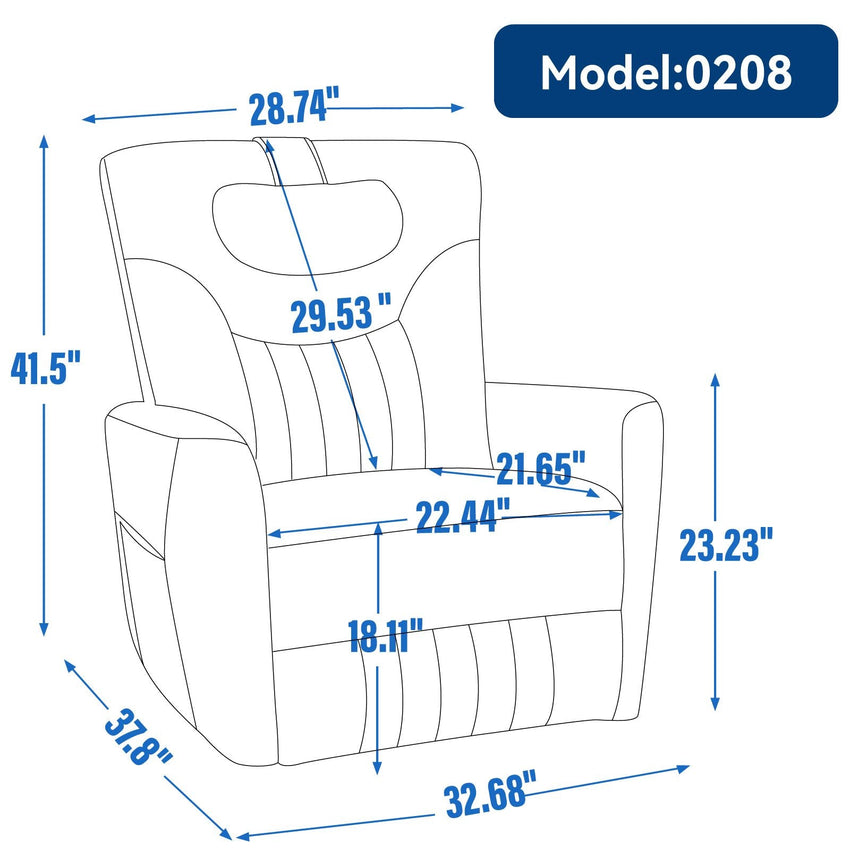 Blue Swivel and Rocker Power Recliner Chair with Lumbar and Neck Support Pillow, Heavy Duty Motion Mechanism with USB and Type - C Ports - 7DAY'S