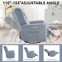 Blue Swivel and Rocker Power Recliner Chair with Lumbar and Neck Support Pillow, Heavy Duty Motion Mechanism with USB and Type - C Ports - 7DAY'S