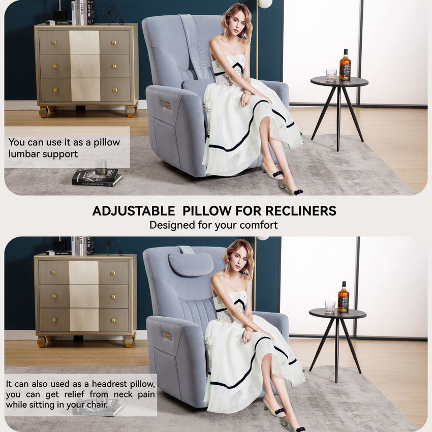 Blue Swivel and Rocker Power Recliner Chair with Lumbar and Neck Support Pillow, Heavy Duty Motion Mechanism with USB and Type - C Ports - 7DAY'S