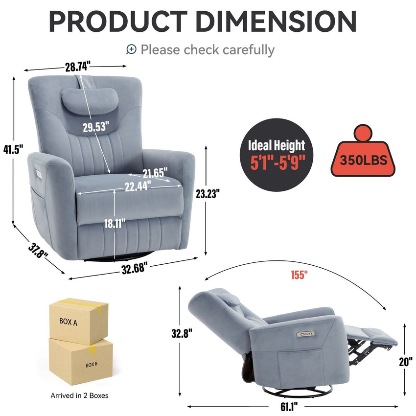 Blue Swivel and Rocker Power Recliner Chair with Lumbar and Neck Support Pillow, Heavy Duty Motion Mechanism with USB and Type - C Ports - 7DAY'S