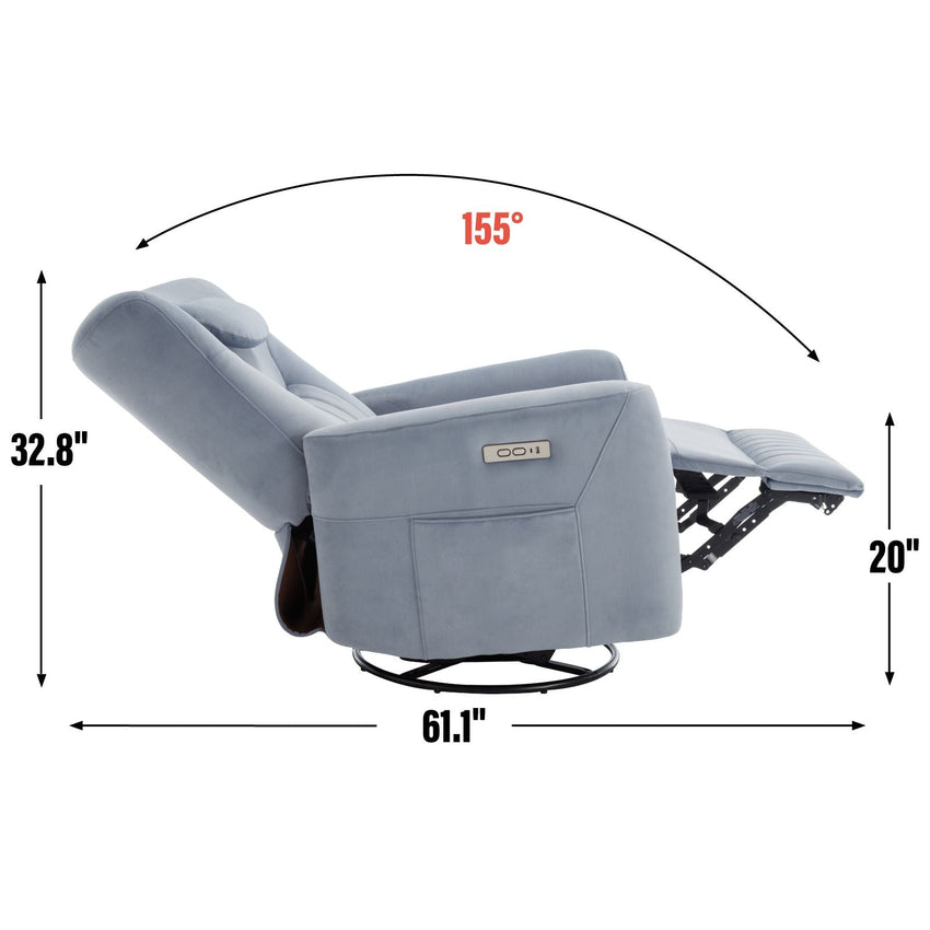 Blue Swivel and Rocker Power Recliner Chair with Lumbar and Neck Support Pillow, Heavy Duty Motion Mechanism with USB and Type - C Ports - 7DAY'S