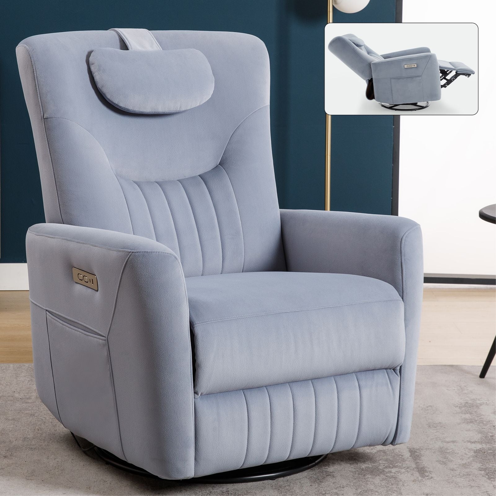 Blue Swivel and Rocker Power Recliner Chair with Lumbar and Neck Support Pillow, Heavy Duty Motion Mechanism with USB and Type - C Ports - 7DAY'S