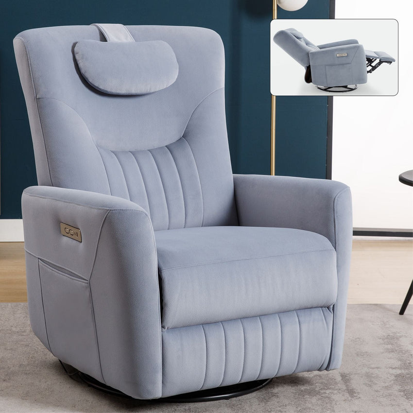 Blue Swivel and Rocker Power Recliner Chair with Lumbar and Neck Support Pillow, Heavy Duty Motion Mechanism with USB and Type - C Ports - 7DAY'S