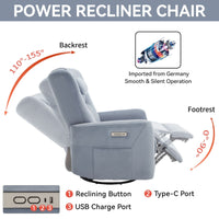 Blue Swivel and Rocker Power Recliner Chair with Lumbar and Neck Support Pillow, Heavy Duty Motion Mechanism with USB and Type - C Ports - 7DAY'S