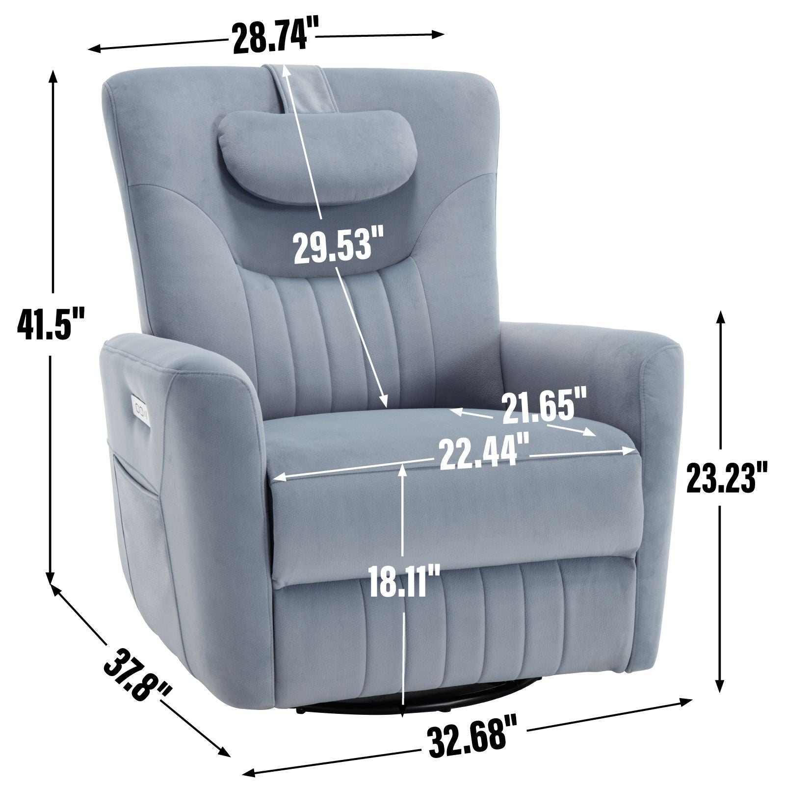 Blue Swivel and Rocker Power Recliner Chair with Lumbar and Neck Support Pillow, Heavy Duty Motion Mechanism with USB and Type - C Ports - 7DAY'S