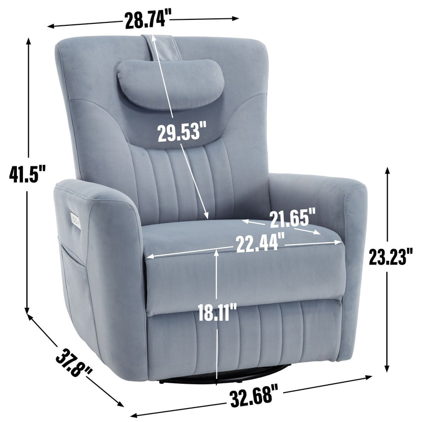 Blue Swivel and Rocker Power Recliner Chair with Lumbar and Neck Support Pillow, Heavy Duty Motion Mechanism with USB and Type - C Ports - 7DAY'S